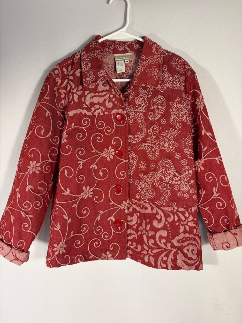Coldwater Creek Patchwork Tapestry Jacket Red Paisley Floral Cotton Medium C2